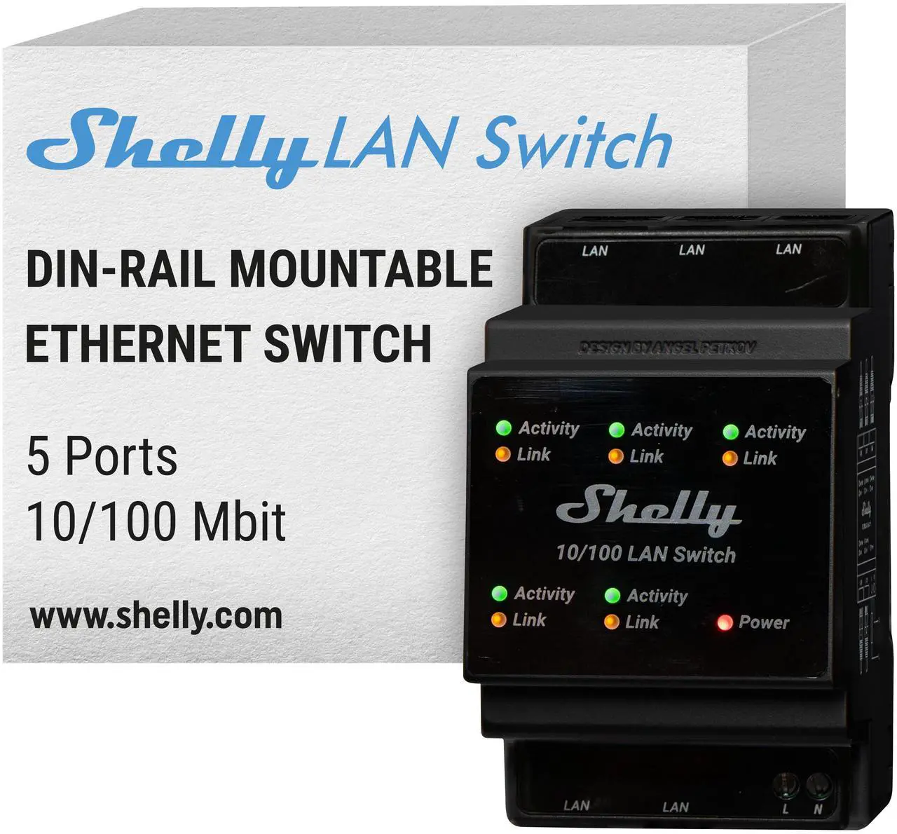 Main image of Shelly LAN Switch | 5 Port RJ45 10/100 Mbps Fast Ethernet Switch | DIN-Mountable | Fanless | Plug & Play | Energy-Saving | Easy Installation & Configuration | No Additional Adapter Required