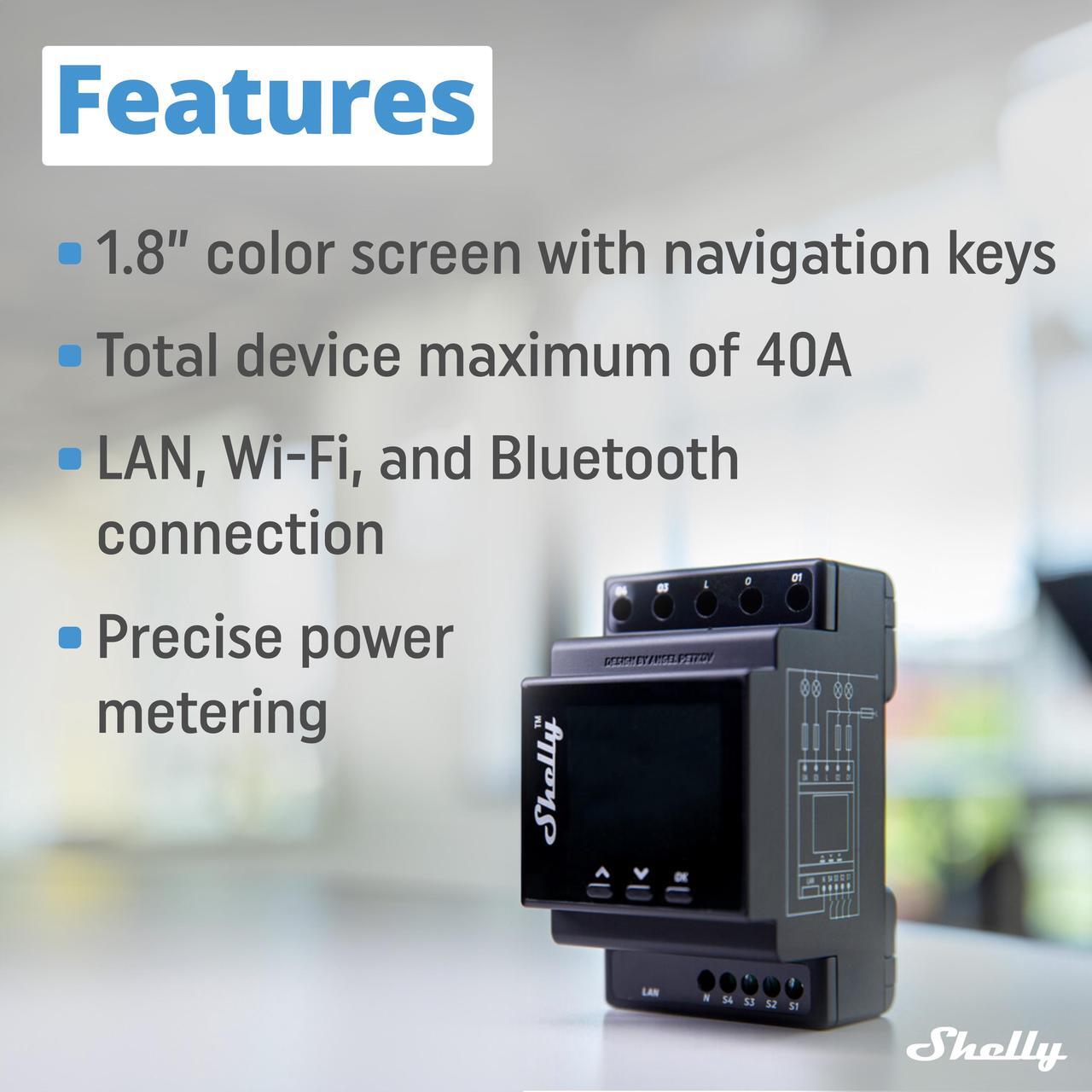 Alt view image 2 of 7 - Shelly Pro 4PM | Wi-Fi & LAN, 4-Channel Smart Relay | up to 40A | Power Metering | Compatible with Google Home & Alexa | iOS & Android App | Home Automation