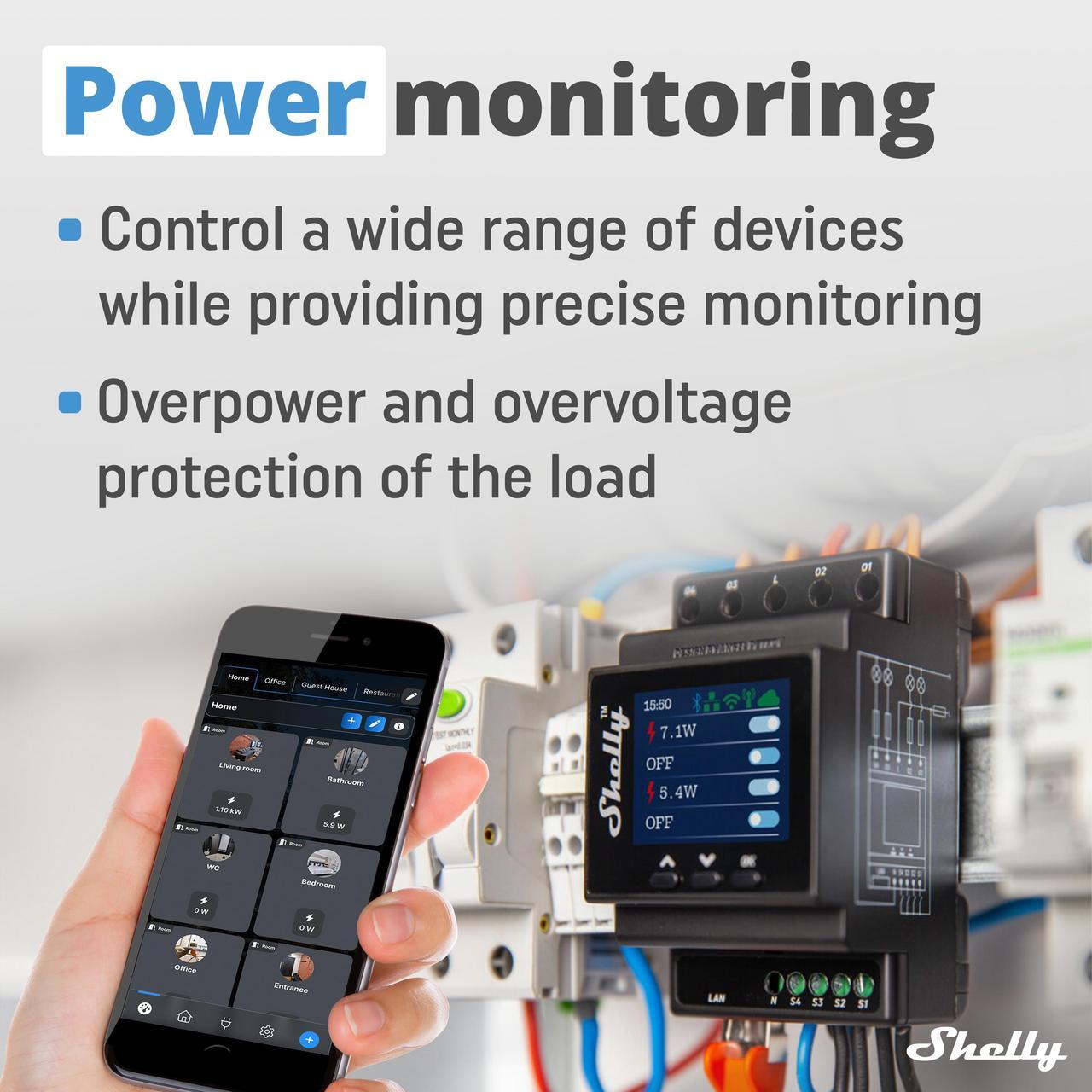 Alt view image 4 of 7 - Shelly Pro 4PM | Wi-Fi & LAN, 4-Channel Smart Relay | up to 40A | Power Metering | Compatible with Google Home & Alexa | iOS & Android App | Home Automation