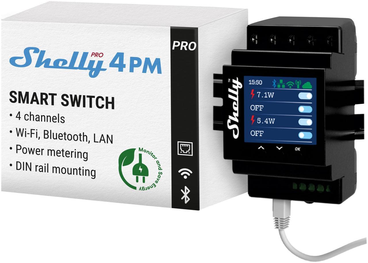 Main image of Shelly Pro 4PM | Wi-Fi & LAN, 4-Channel Smart Relay | up to 40A | Power Metering | Compatible with Google Home & Alexa | iOS & Android App | Home Automation