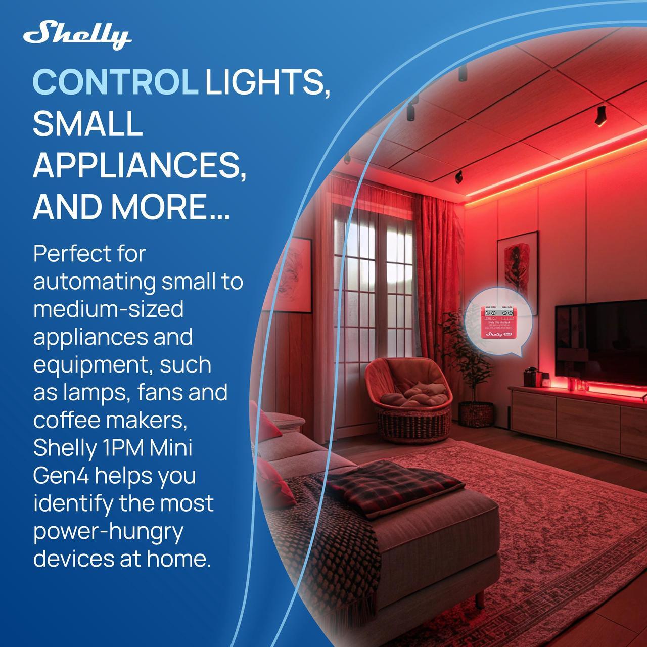 Alt view image 4 of 7 - Shelly 1PM Mini Gen4 | Wi-Fi, Bluetooth & Zigbee Smart Relay Switch | 1 channel 8A | power metering | Compatible with Alexa & Google Home | Home Automation