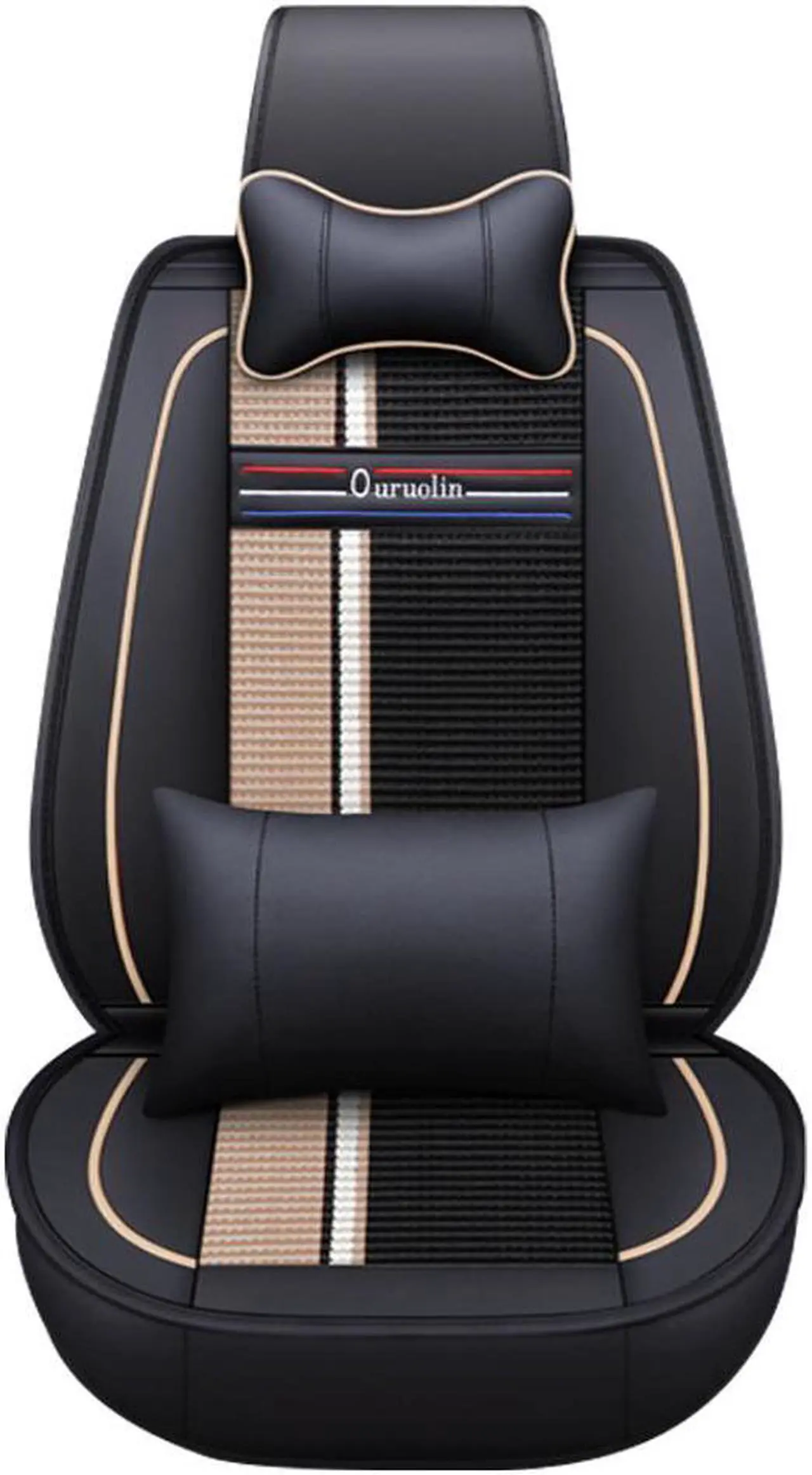 Main image of Car Seat Covers 5 Seats Front And Rear Seat, PU Leather Cushions, With Lumbar Support And Headrest, Black Beige