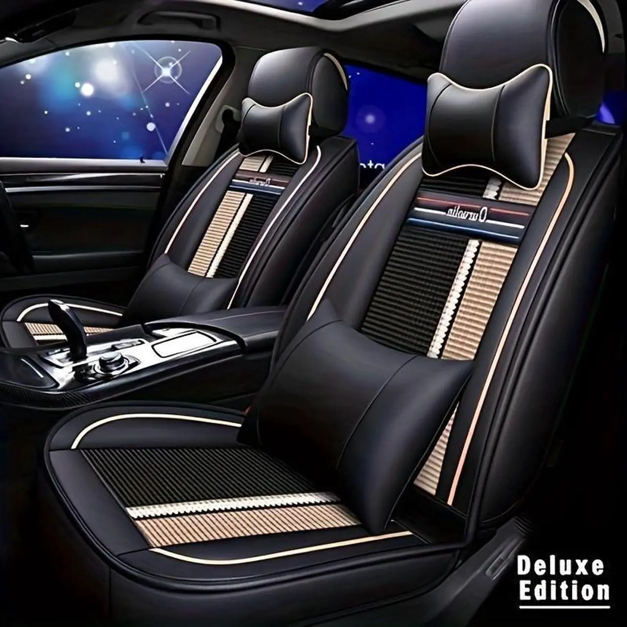 Alt view image 5 of 7 - Car Seat Covers 5 Seats Front And Rear Seat, PU Leather Cushions, With Lumbar Support And Headrest, Black Beige