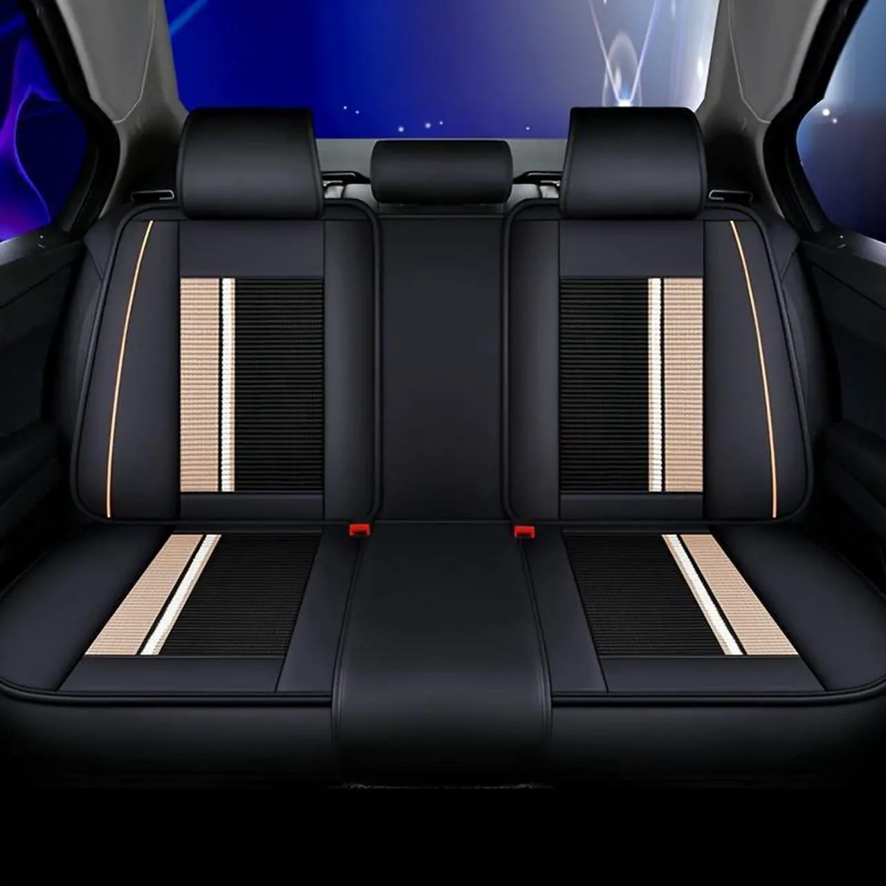 Alt view image 6 of 7 - Car Seat Covers 5 Seats Front And Rear Seat, PU Leather Cushions, With Lumbar Support And Headrest, Black Beige