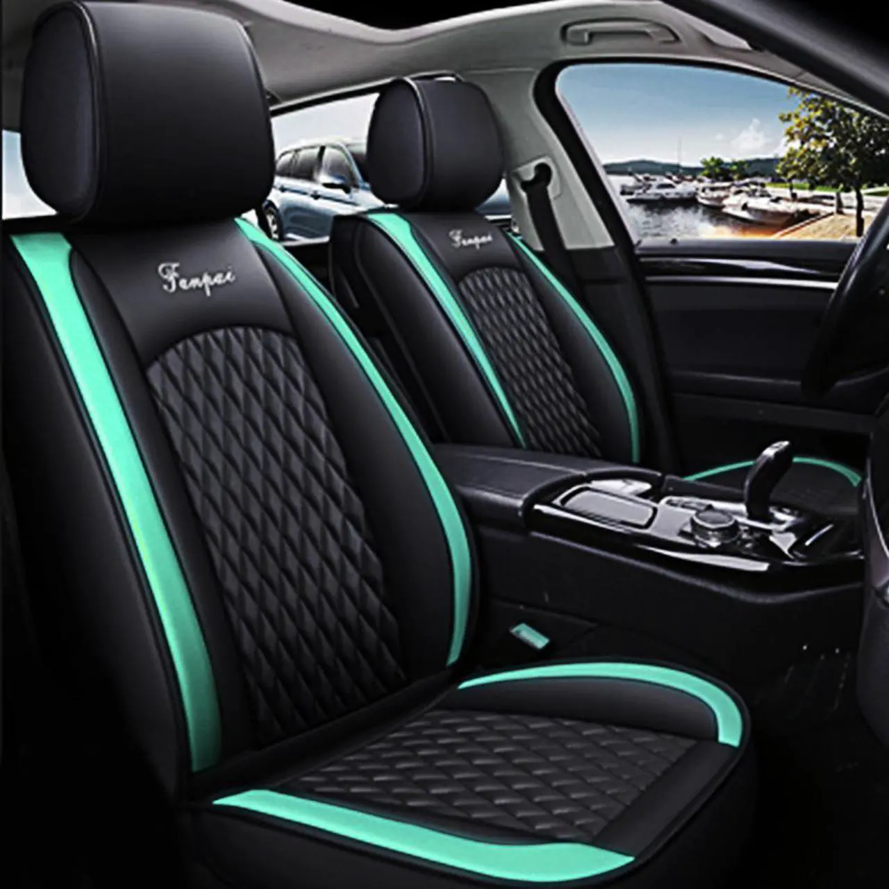 Alt view image 4 of 7 - Comfortable Car Seat Cover, 5 Front And Rear Seats, All-weather Car Seat Cover, PU Leather Car Cushion,Black Green