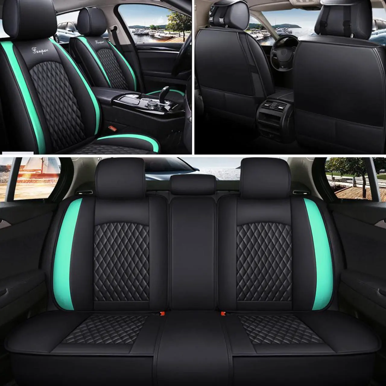Alt view image 5 of 7 - Comfortable Car Seat Cover, 5 Front And Rear Seats, All-weather Car Seat Cover, PU Leather Car Cushion,Black Green