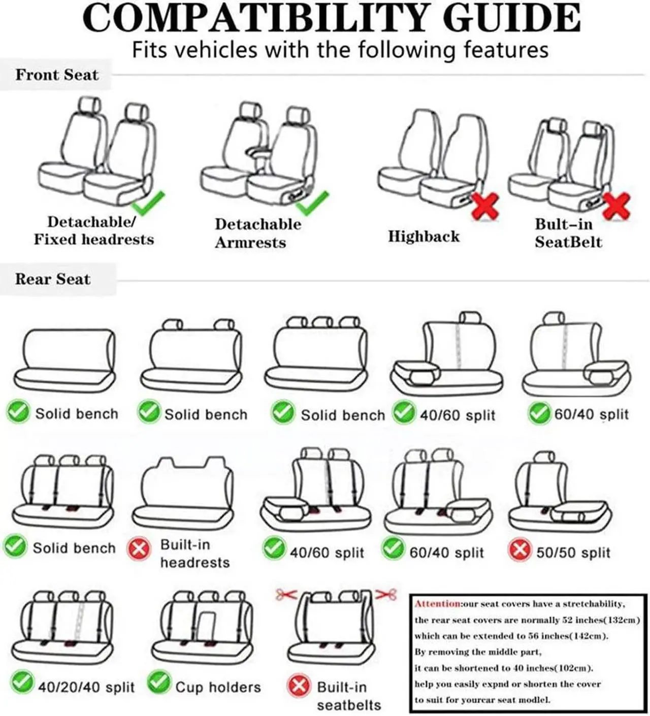 Alt view image 6 of 7 - Comfortable Car Seat Cover, 5 Front And Rear Seats, All-weather Car Seat Cover, PU Leather Car Cushion,Black Green