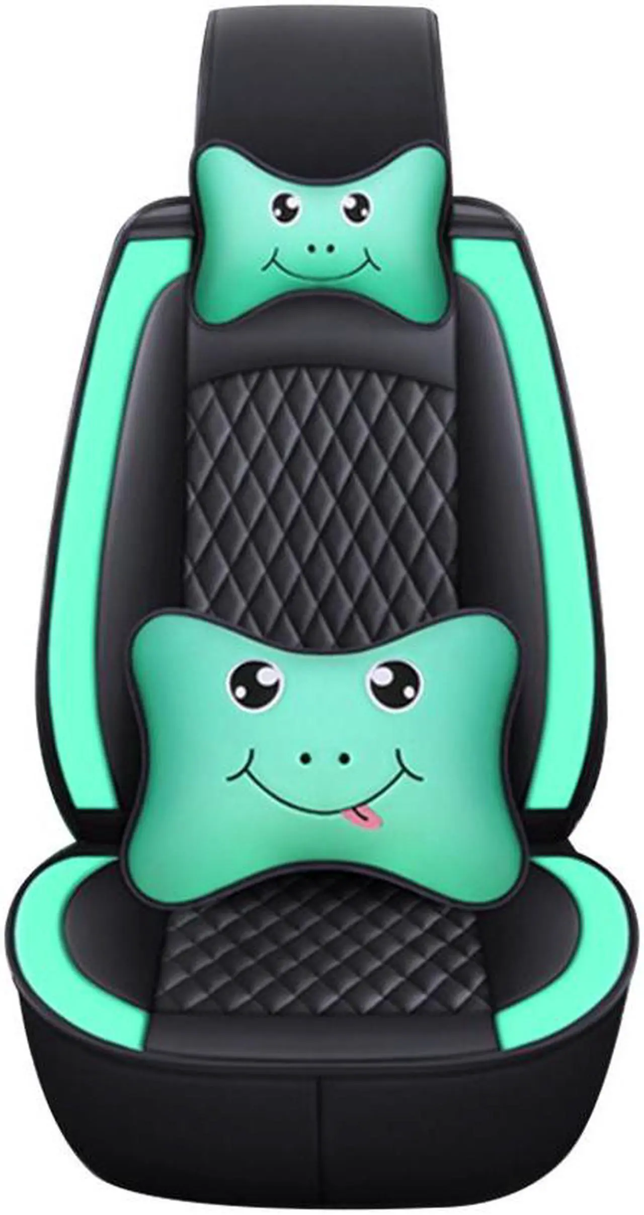 Main image of Comfortable Cartoon Car Seat Cover, 5 Front And Rear Seats, All-weather Car Seat Cover, PU Leather Car Cushion With Waist Support And Headrest, Black Green