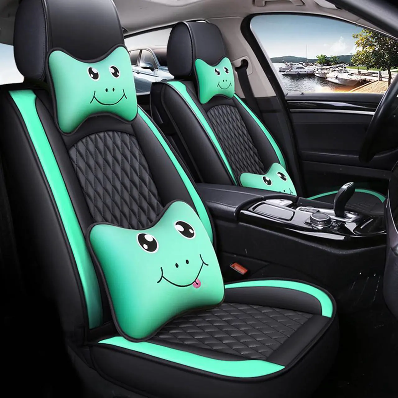 Alt view image 4 of 7 - Comfortable Cartoon Car Seat Cover, 5 Front And Rear Seats, All-weather Car Seat Cover, PU Leather Car Cushion With Waist Support And Headrest, Black Green