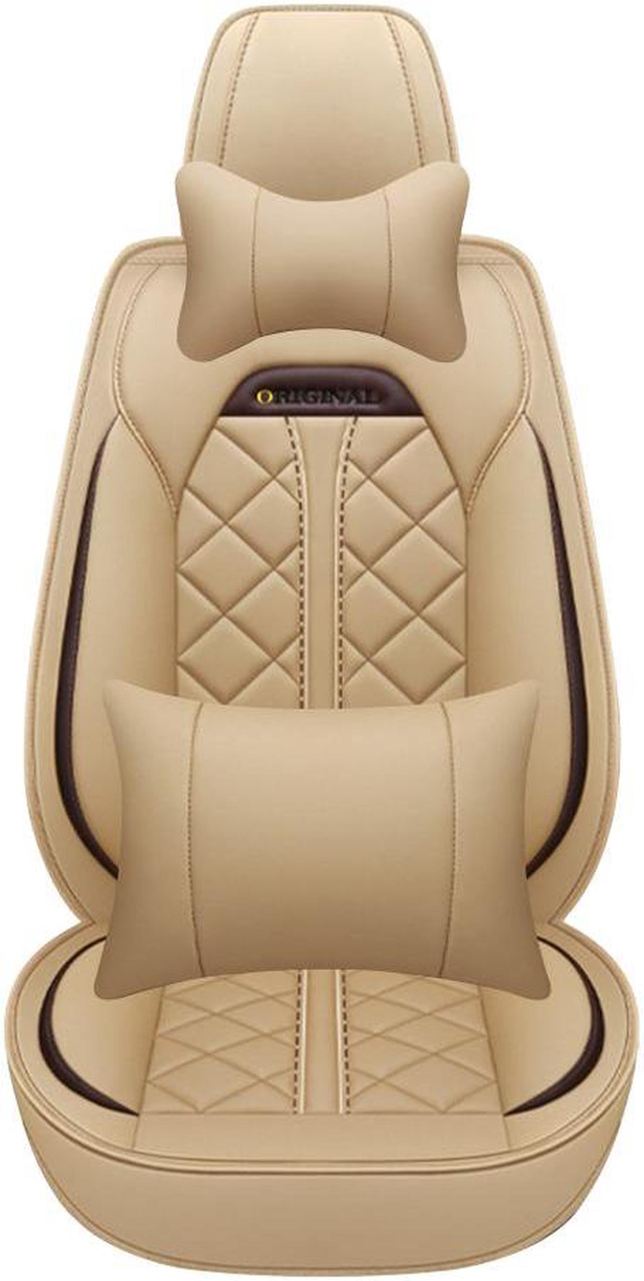 Muchkey Car Seat Covers 5 Seats Front And Rear Seat Covers Wear Resistant Cushions, All-weather Car Seat Cover,PU leather Car Cushion,With Waist Support And Headrest,Beige