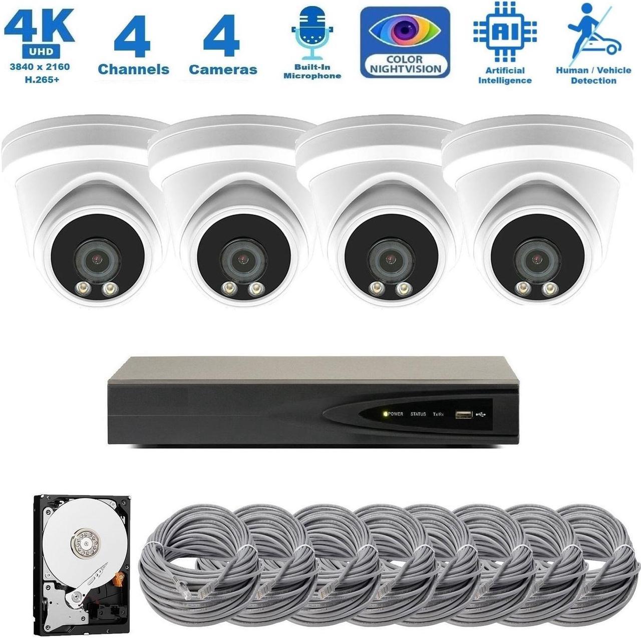 CTVISION 4 Channel 4K Security Camera System, 4pcs 8MP Smart AI Person/Vehicle Detection Wired Outdoor One Way Audio PoE IP Cameras,4CH 1TB HDD 8MP Hik-Connect NVR - OEM