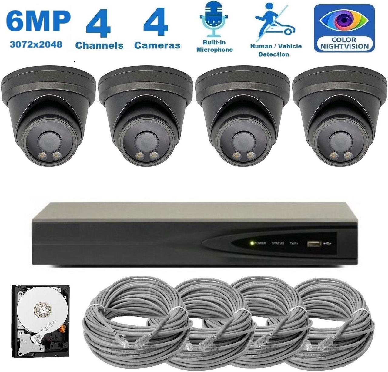 CTVISION 4 Channel 6MP Security Camera System, 4pcs 6MP Smart AI Person/Vehicle Detection Wired Outdoor One Way Audio PoE IP Cameras,4CH 1TB HDD 4K 8MP Hik-Connect NVR