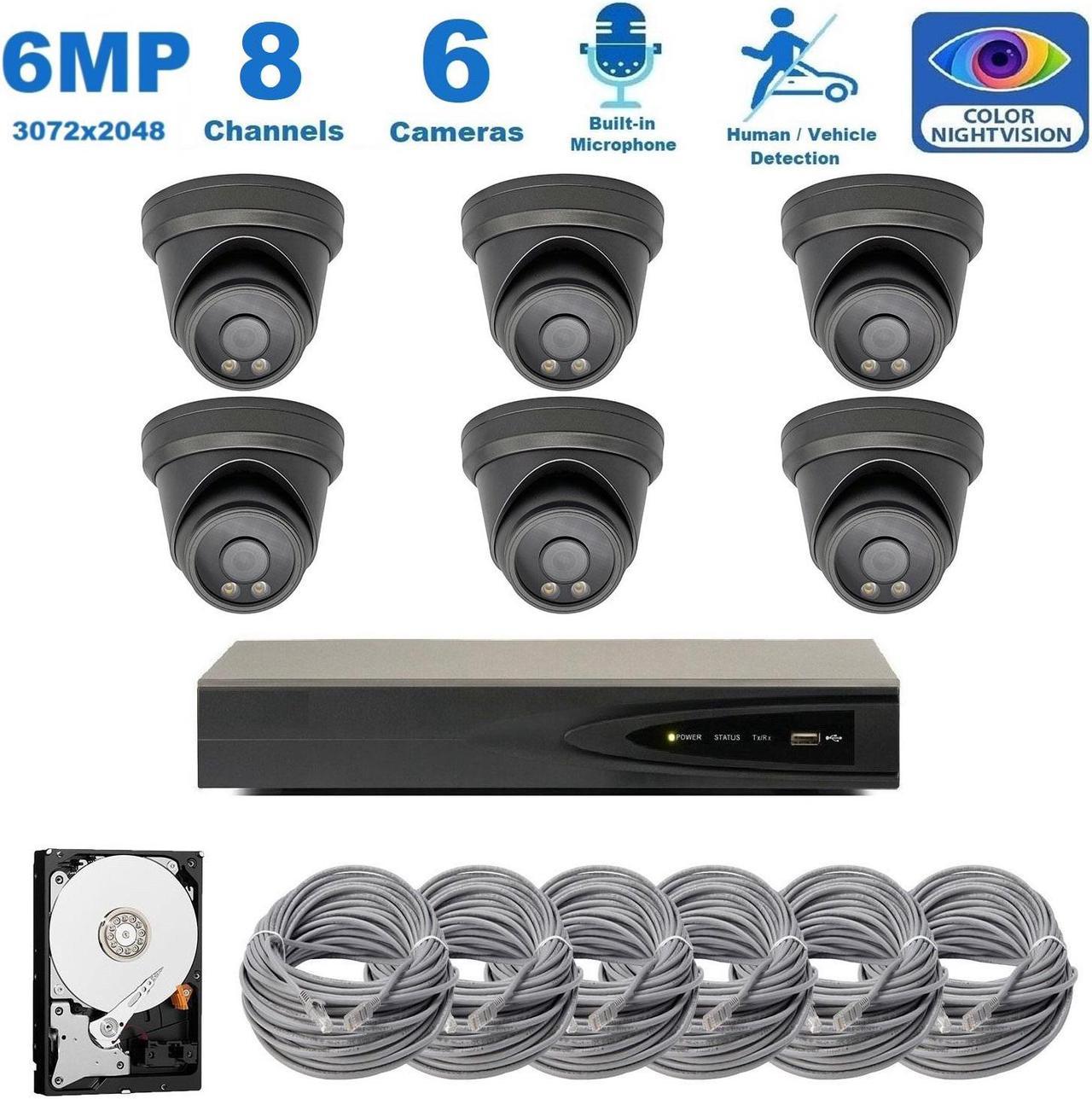 CTVISION 8 Channel 6MP Security Camera System, 6pcs 6MP Smart AI Person/Vehicle Detection Wired Outdoor One Way Audio PoE IP Cameras,8CH 2TB HDD 4K 8MP Hik-Connect NVR