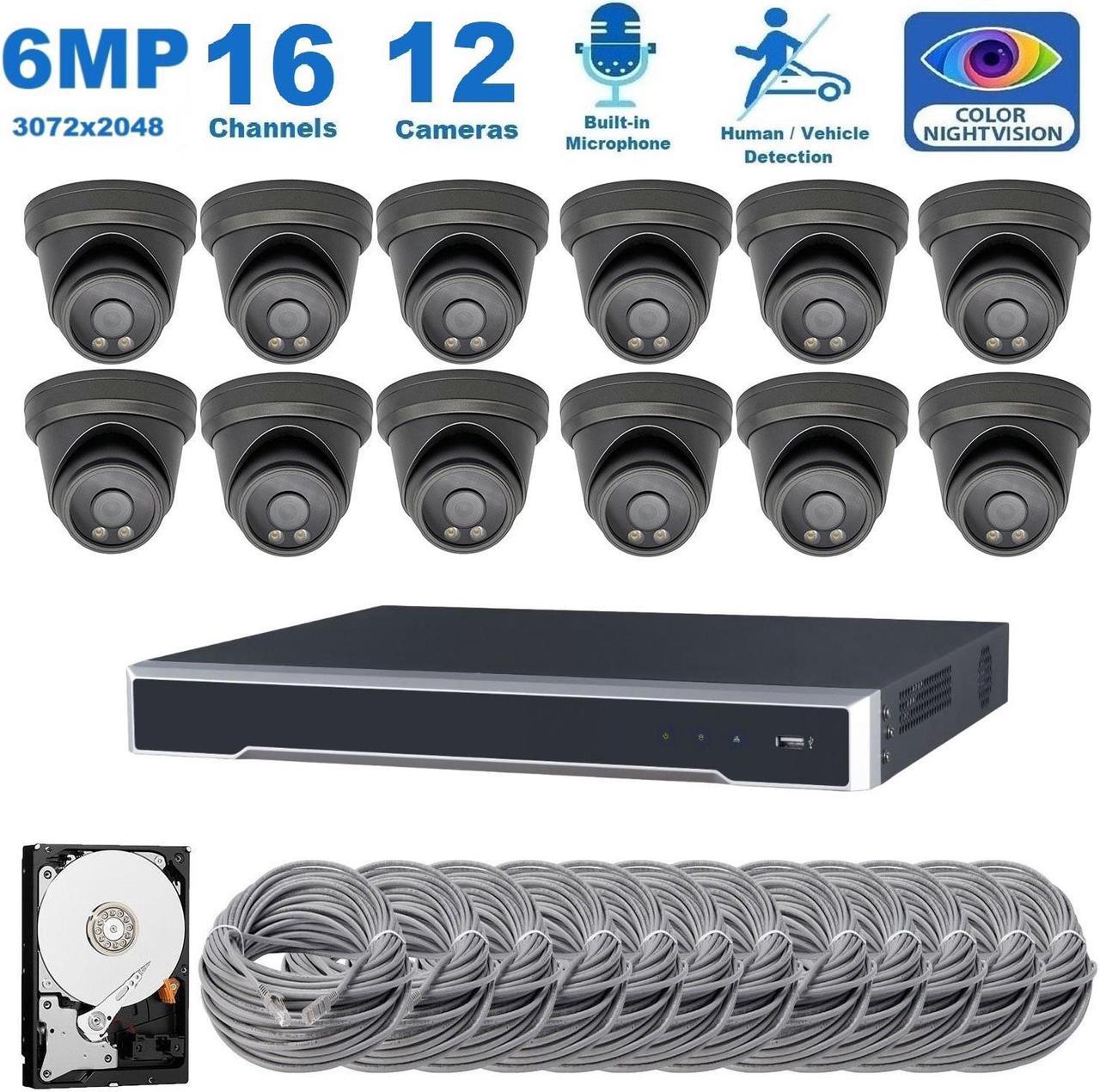 CTVISION 16 Channel 6MP Security Camera System, 12pcs 6MP Smart AI Person/Vehicle Detection Wired Outdoor One Way Audio PoE IP Cameras,16CH 4TB HDD 4K 8MP Hik-Connect NVR