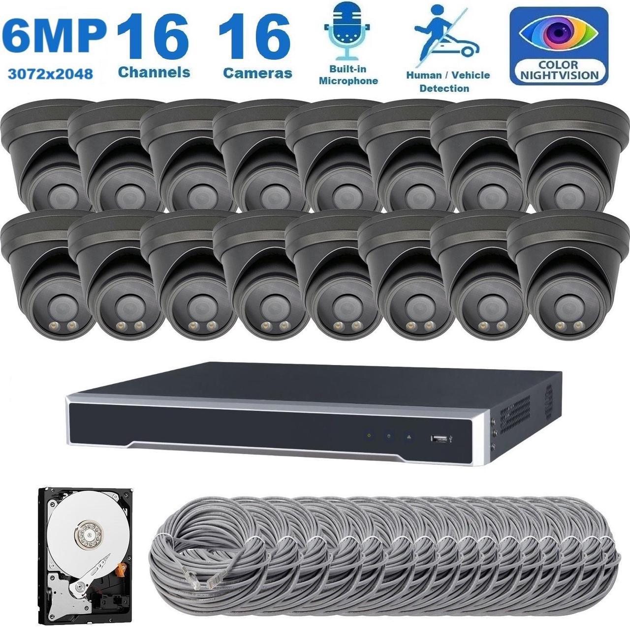 CTVISION 16 Channel 6MP Security Camera System, 16pcs 6MP Smart AI Person/Vehicle Detection Wired Outdoor One Way Audio PoE IP Cameras,16CH 4TB HDD 4K 8MP Hik-Connect NVR