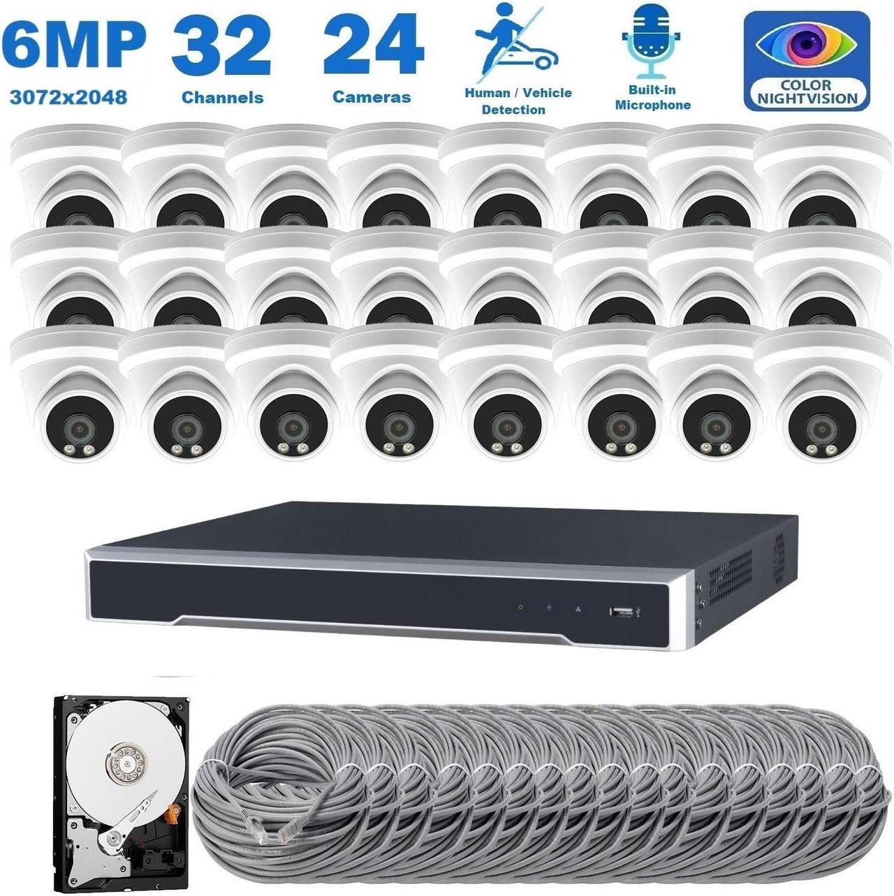 32 Channel 6MP Security Camera System, 24pcs 6MP Smart AI Person/Vehicle Detection Wired Outdoor One Way Audio PoE IP Cameras,32CH 10TB HDD 4K 8MP Hik-Connect NVR