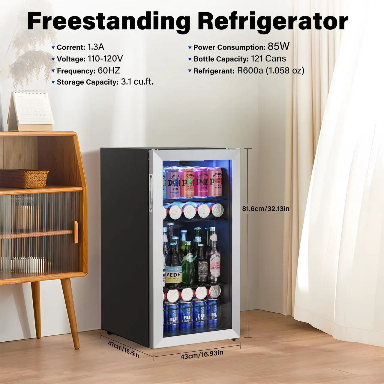 Alt view image 3 of 7 - Yeego 3.1 Cu.ft Freestanding Beverage Refrigerator Cooler Mini Beverage Fridge with Glass Door 95-121 Can Capacity, Adjustable Thermostat for Beer Soda Wine Ideal Beverage Cooler for Home Office Bar