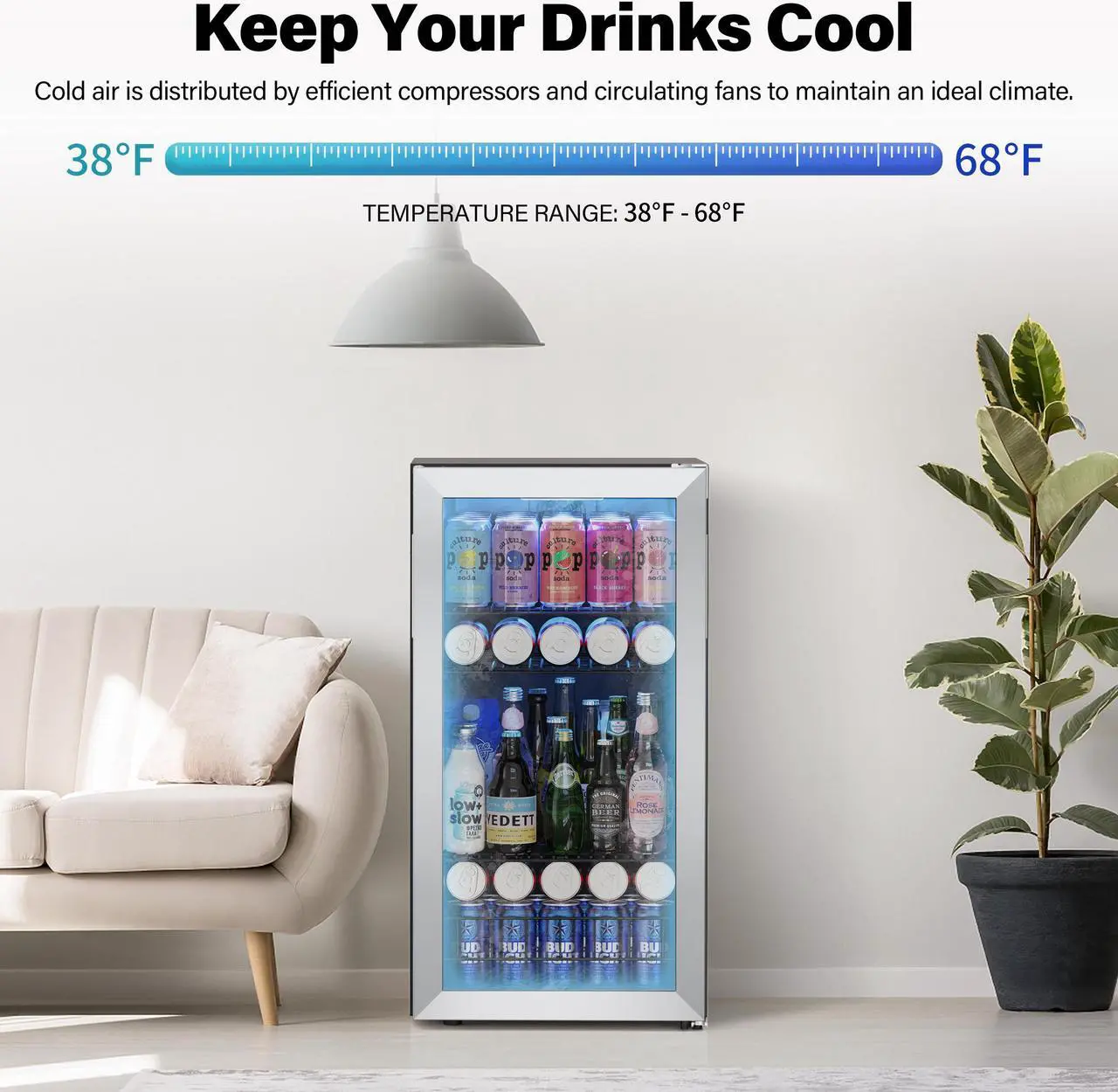 Alt view image 6 of 7 - Yeego 3.1 Cu.ft Freestanding Beverage Refrigerator Cooler Mini Beverage Fridge with Glass Door 95-121 Can Capacity, Adjustable Thermostat for Beer Soda Wine Ideal Beverage Cooler for Home Office Bar