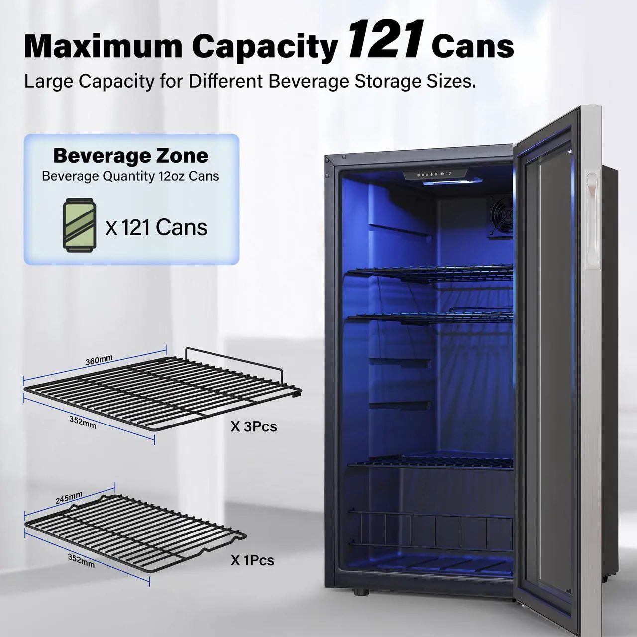 Alt view image 2 of 7 - Yeego 3.1 Cu.ft Freestanding Beverage Refrigerator Cooler Mini Beverage Fridge with Glass Door 95-121 Can Capacity, Adjustable Thermostat for Beer Soda Wine Ideal Beverage Cooler for Home Office Bar