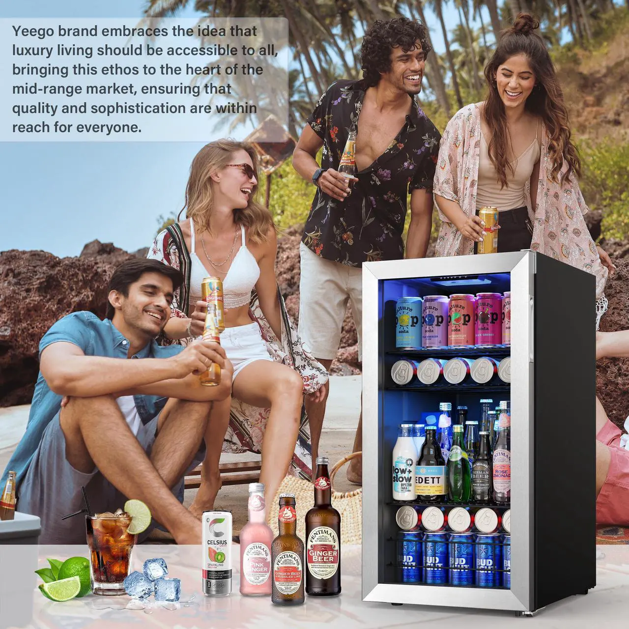 Alt view image 4 of 7 - Yeego 3.1 Cu.ft Freestanding Beverage Refrigerator Cooler Mini Beverage Fridge with Glass Door 95-121 Can Capacity, Adjustable Thermostat for Beer Soda Wine Ideal Beverage Cooler for Home Office Bar