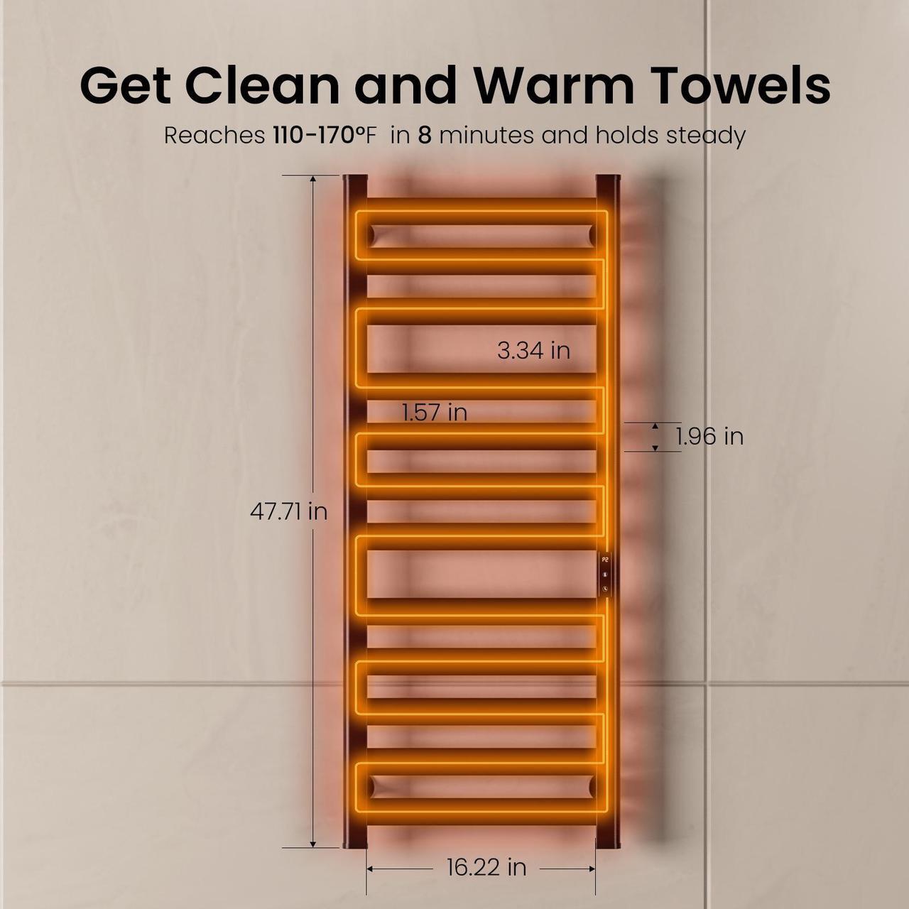 Alt view image 4 of 6 - Wooohoo Wall-Mounted Towel Warmer H120cm - 12 Rails & IPX4 Waterproof Smart Touch Control (110-170°F) + 15-20 Towels Capacity | Ideal for Home/Hotel/Gym/Spa