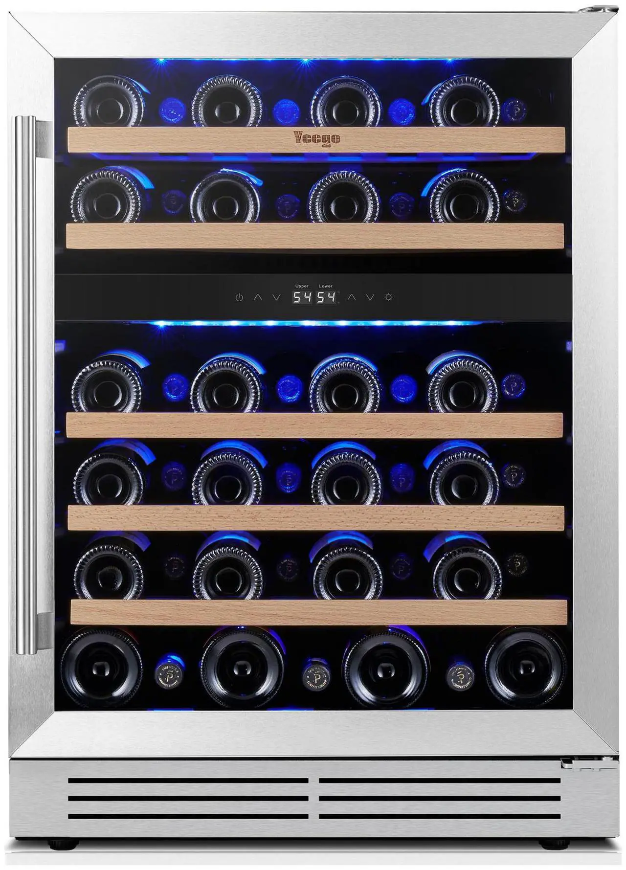 Main image of Yeego Energy-Efficient 24" Wine Fridge - R600a Compressor & Beechwood Shelves Blue LED Lighting + Auto Defrost | 47-Bottle Dual-Temp Cooler for Kitchen/Entertainment