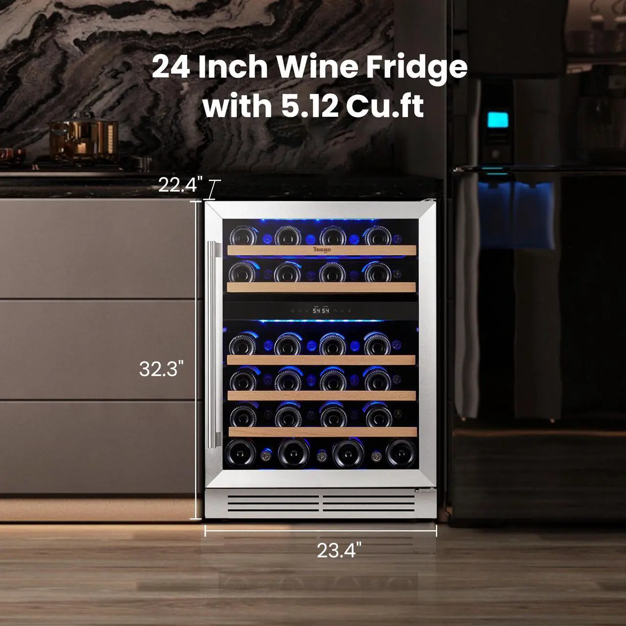 Alt view image 2 of 7 - Yeego Energy-Efficient 24" Wine Fridge - R600a Compressor & Beechwood Shelves Blue LED Lighting + Auto Defrost | 47-Bottle Dual-Temp Cooler for Kitchen/Entertainment