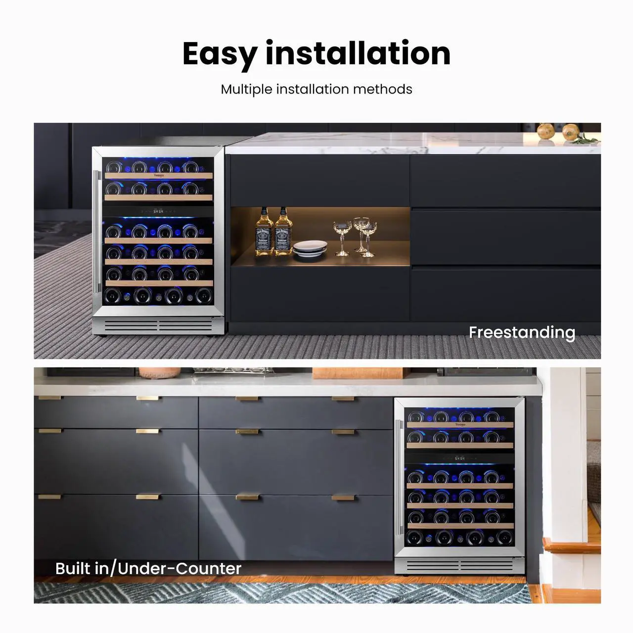 Alt view image 3 of 7 - Yeego Energy-Efficient 24" Wine Fridge - R600a Compressor & Beechwood Shelves Blue LED Lighting + Auto Defrost | 47-Bottle Dual-Temp Cooler for Kitchen/Entertainment