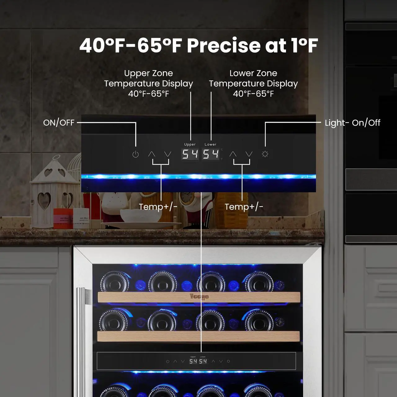 Alt view image 4 of 7 - Yeego Energy-Efficient 24" Wine Fridge - R600a Compressor & Beechwood Shelves Blue LED Lighting + Auto Defrost | 47-Bottle Dual-Temp Cooler for Kitchen/Entertainment