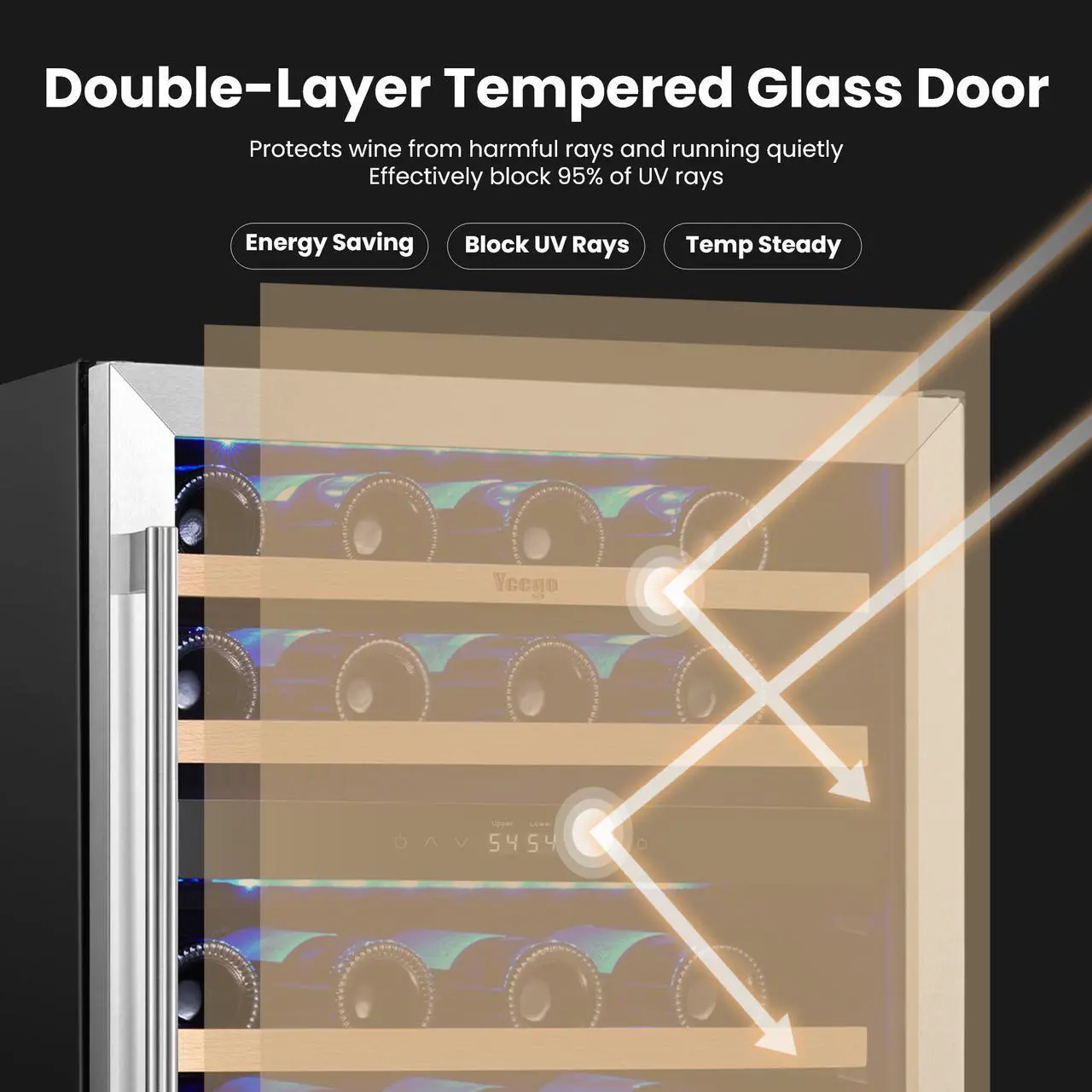Alt view image 5 of 7 - Yeego Energy-Efficient 24" Wine Fridge - R600a Compressor & Beechwood Shelves Blue LED Lighting + Auto Defrost | 47-Bottle Dual-Temp Cooler for Kitchen/Entertainment