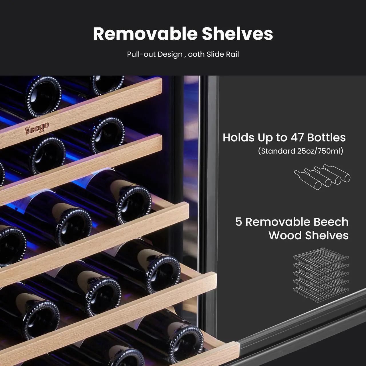 Alt view image 7 of 7 - Yeego Energy-Efficient 24" Wine Fridge - R600a Compressor & Beechwood Shelves Blue LED Lighting + Auto Defrost | 47-Bottle Dual-Temp Cooler for Kitchen/Entertainment