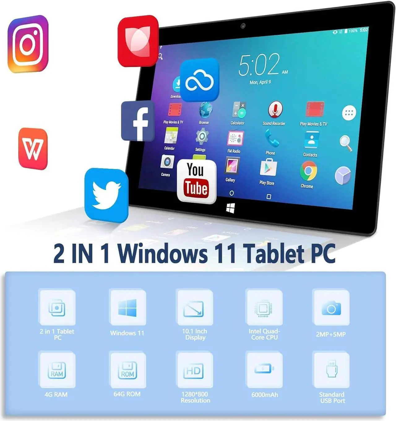 Alt view image 2 of 7 - Elepad 10.1" Windows 11 Tablet PC, Dual-Core CPU Windows Tablet, Ultra Slim 2 in 1 Tablet - 2.4/5G WIFI/4.2 BT/1280*800 Full HD/6GB RAM 64GB ROM Storage/4000mAh/Mini HDMI/USB-C/USB 3.0/2MP+5MP Camera