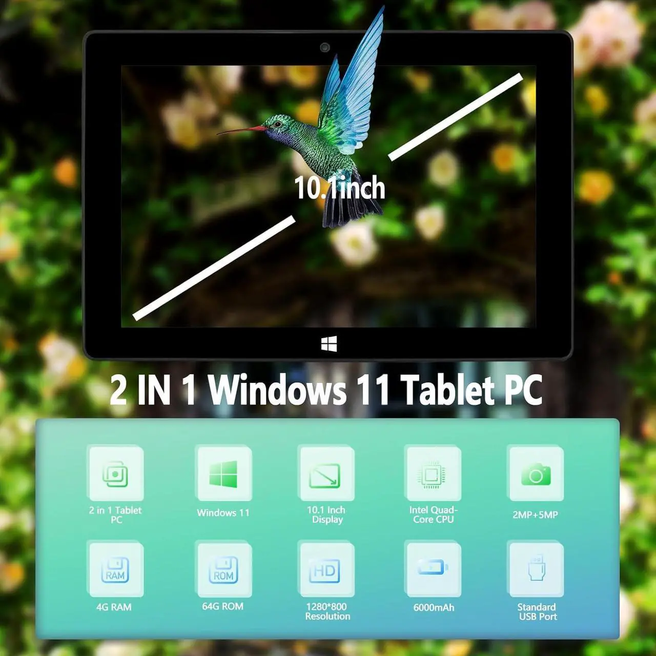 Alt view image 7 of 7 - Elepad 10.1" Windows 11 Tablet PC, Dual-Core CPU Windows Tablet, Ultra Slim 2 in 1 Tablet - 2.4/5G WIFI/4.2 BT/1280*800 Full HD/6GB RAM 64GB ROM Storage/4000mAh/Mini HDMI/USB-C/USB 3.0/2MP+5MP Camera