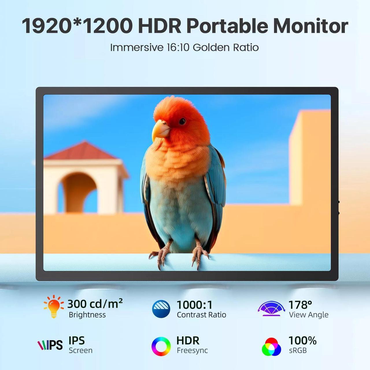 Alt view image 2 of 7 - EVICIV 17" Portable Monitor 1920*1200 Gaming Display W/Type C HD Input Build-in Speaker Portable Monitors Full HD LCD Display