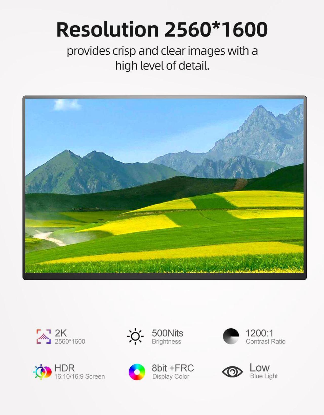Alt view image 2 of 7 - EVICIV 500 Nits 16" 2.5K Portable Gaming Monitor 2K 2560*1600P Portable Monitor QHD For Xbox PS 5 6 Switch Display HDMI USB C Second Display