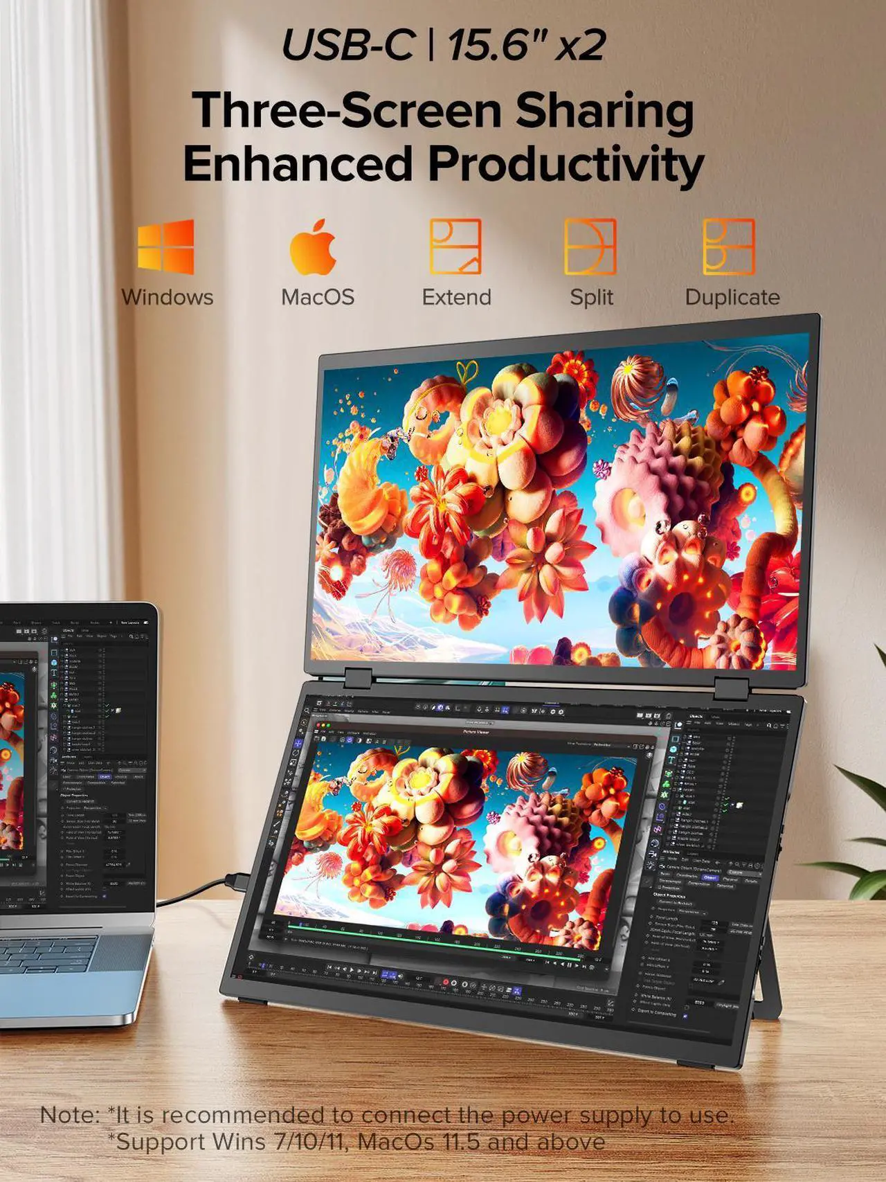 Alt view image 2 of 7 - EVICIV Delta 15.6" Dual Monitor Portable Screen Extender for Laptop, 1080P HDR, 360° Folding, Triple Monitor with Stand - No Driver Needed