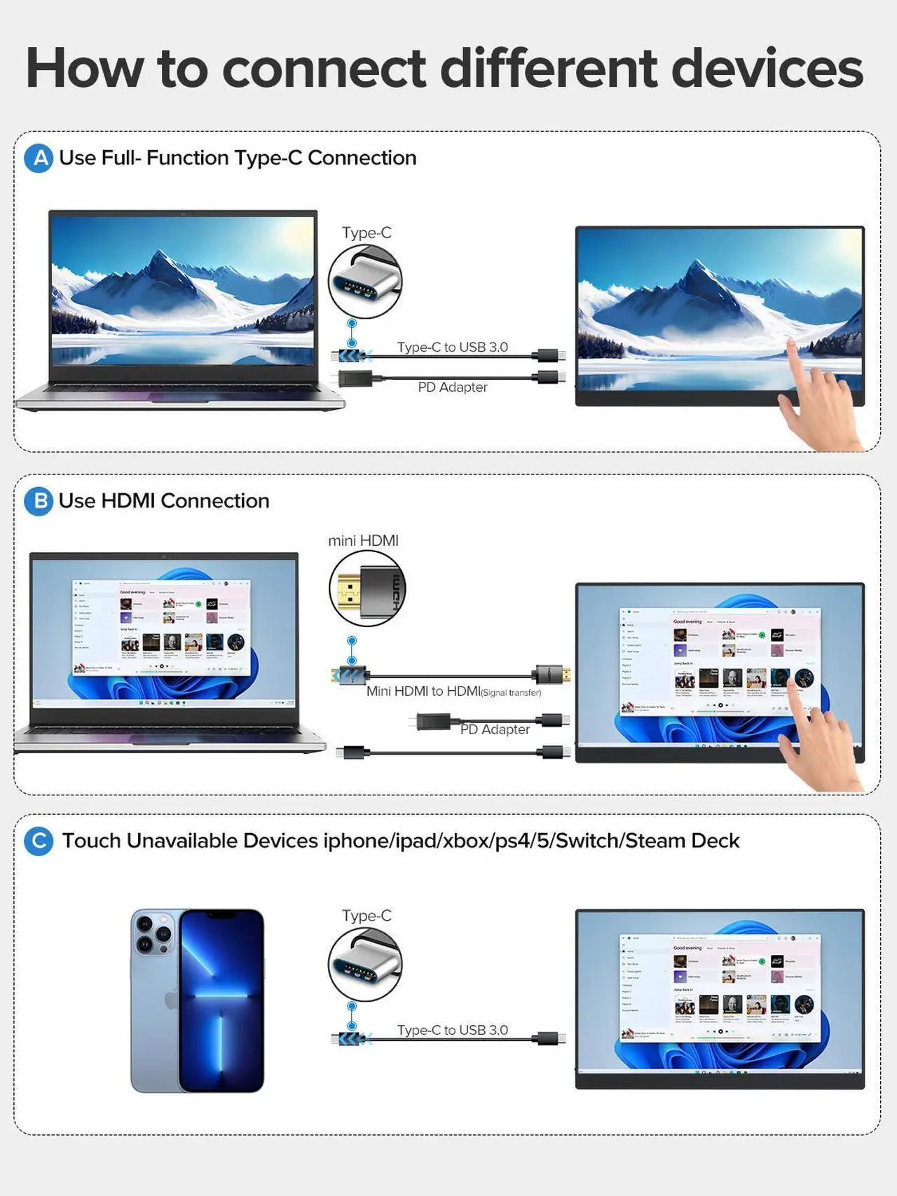 Alt view image 6 of 7 - EVICIV Portable Monitor 60Hz Touchscreen, Upgraded 15.6 Inch IPS HDR 1920X1080 FHD USB C Monitor Eye Care with HDMI USB Type-C