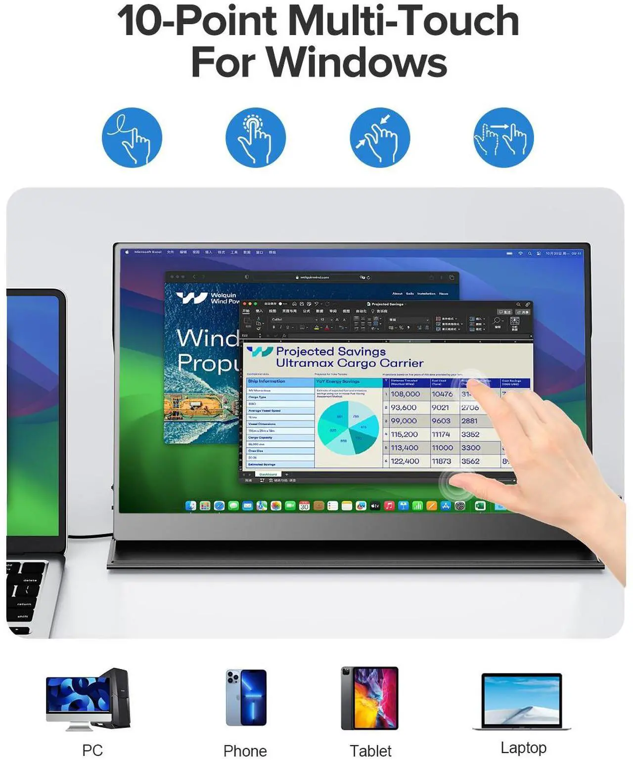 Alt view image 2 of 7 - EVICIV Portable Monitor 60Hz Touchscreen, Upgraded 15.6 Inch IPS HDR 1920X1080 FHD USB C Monitor Eye Care with HDMI USB Type-C