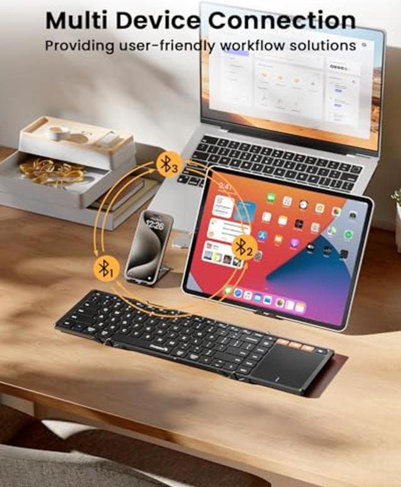 Alt view image 4 of 5 - ProtoArc Foldable Keyboard with Touchpad, XK01 TP Portable Folding Keyboard for Travel, Bluetooth Keyboard with Trackpad for iPad, iPhone, Microsoft Surface, Android, Windows Laptop PC -Black