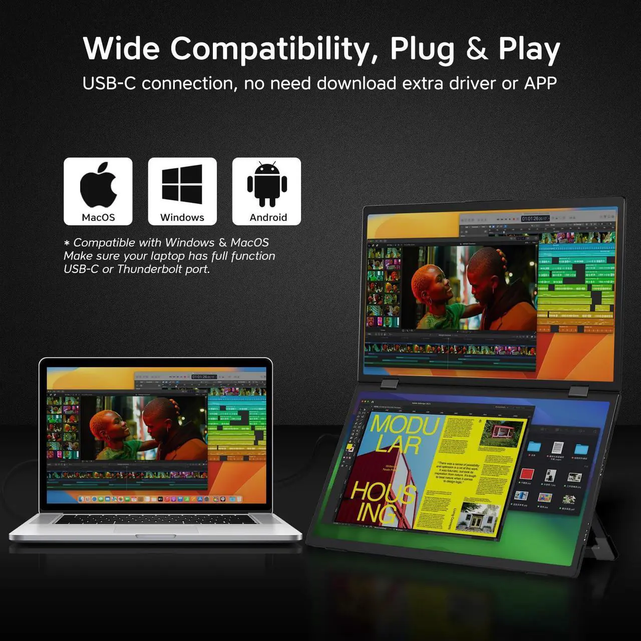 Alt view image 2 of 5 - novzzovaz Triple Laptop Screen Extender 15.6'' 1080P HD IPS Stacked Folding Dual Monitors 360° Rotation Plug & Play Portable Monitor for Laptop Compatible with Mac, Windows, VESA Mountable