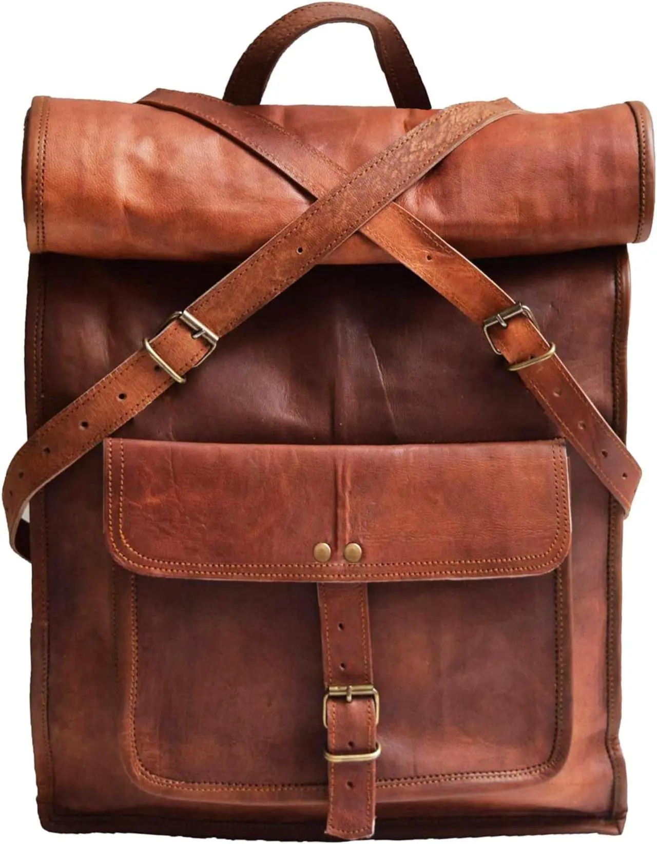 Main image of jaald 23" Brown Leather Backpack Vintage Rucksack Laptop Bag Water Resistant Roll Top College Bookbag Comfortable Lightweight Travel Hiking/picnic For Men