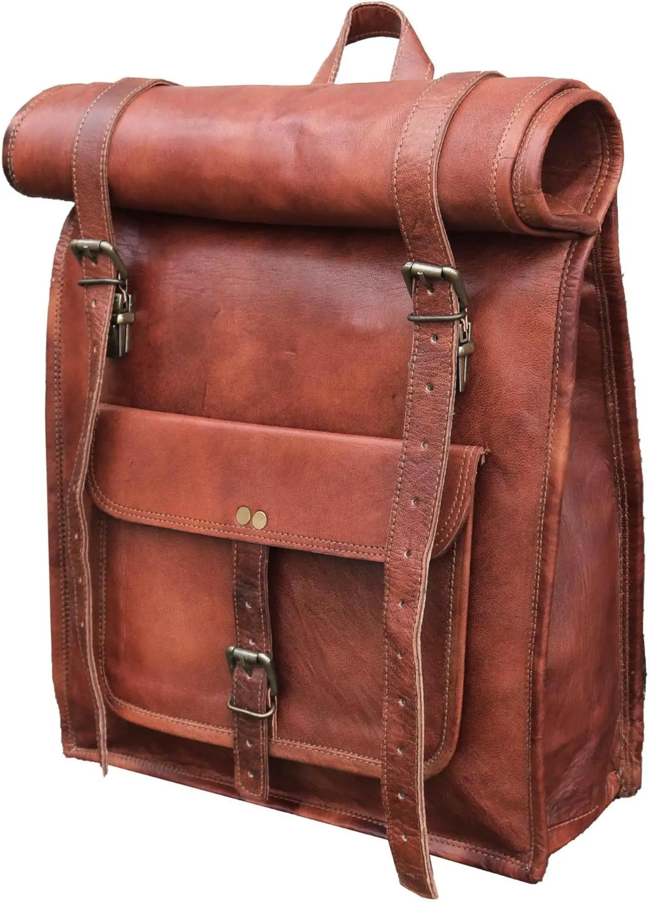 Alt view image 2 of 5 - jaald 23" Brown Leather Backpack Vintage Rucksack Laptop Bag Water Resistant Roll Top College Bookbag Comfortable Lightweight Travel Hiking/picnic For Men
