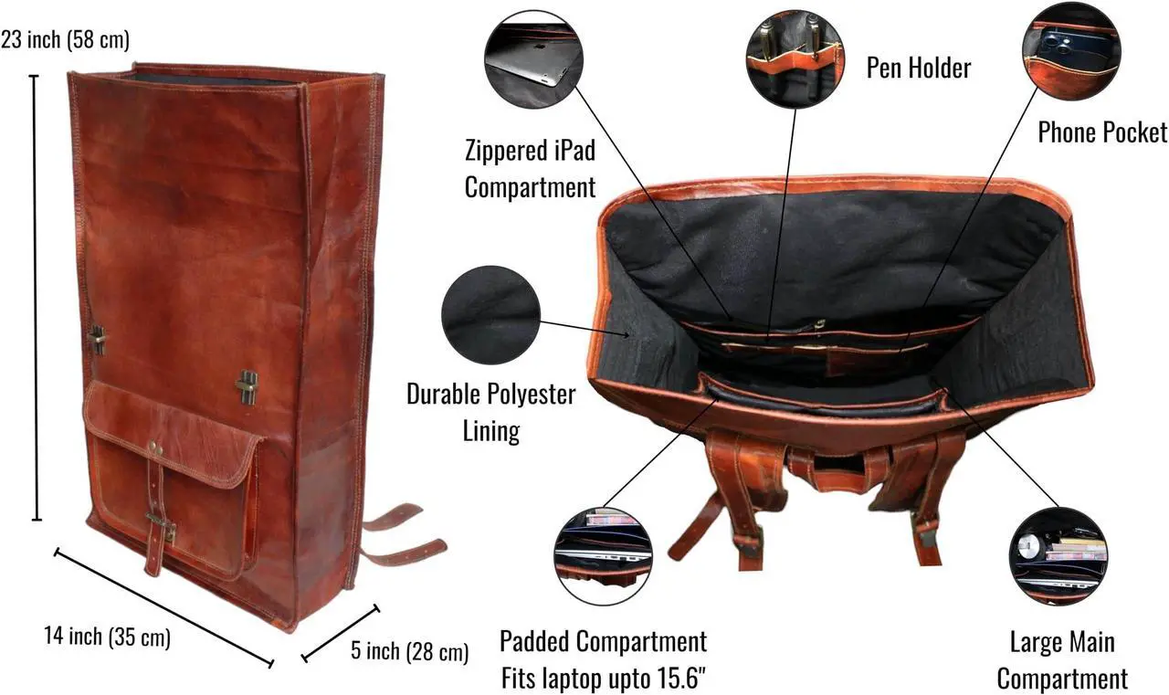 Alt view image 5 of 5 - jaald 23" Brown Leather Backpack Vintage Rucksack Laptop Bag Water Resistant Roll Top College Bookbag Comfortable Lightweight Travel Hiking/picnic For Men
