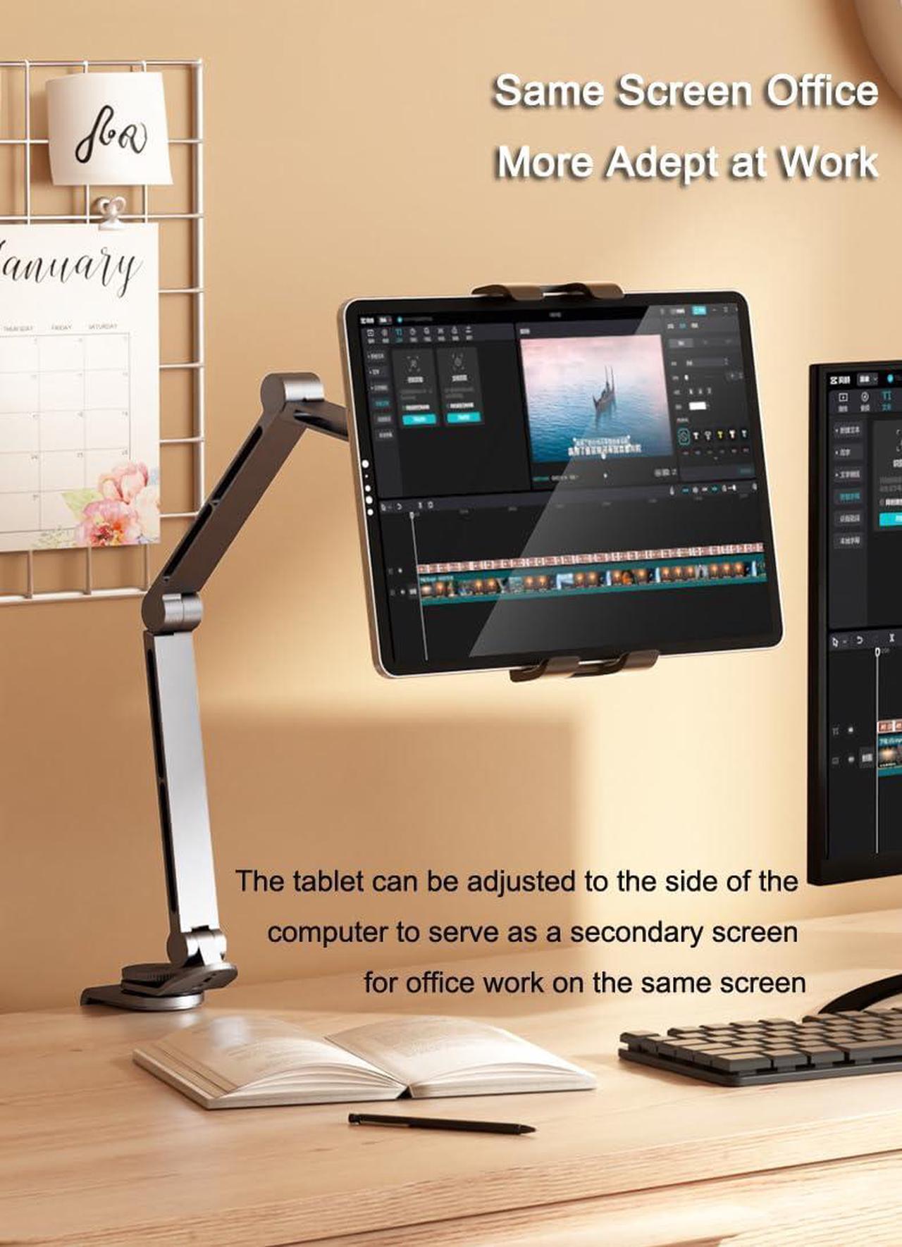 Alt view image 4 of 5 - Rotatable Holder Stand Tablet Holder Multi-Angle Design Phone Clip Swivel Mount Desktop Aluminum Alloy Cantilever Bed Desk Home Live Folding Bracket Compatible with 4"-13" Phone Tablet (Silver)