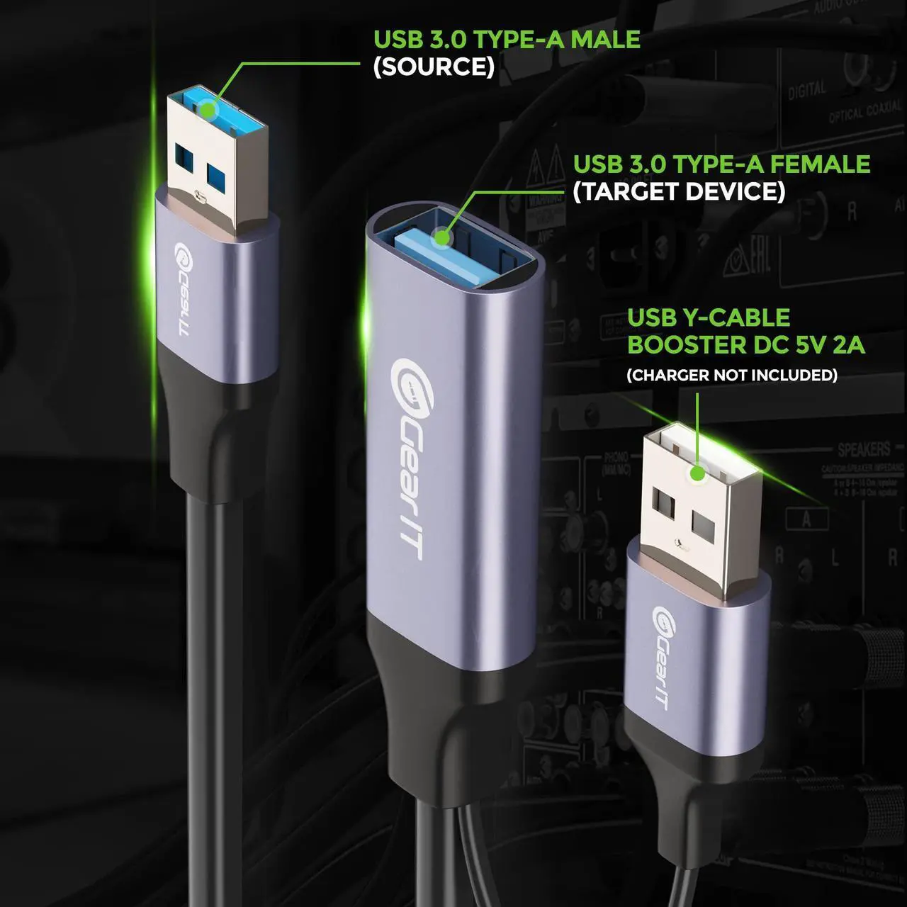 Alt view image 3 of 5 - GEARit USB 3.0 Active Extension Cable (65 Feet) A-Male to A-Female USB Repeater with Signal Booster for Oculus Rift, Quest Link, Xbox 360 Kinect, PlayStation, Printer, Webcam - 65ft