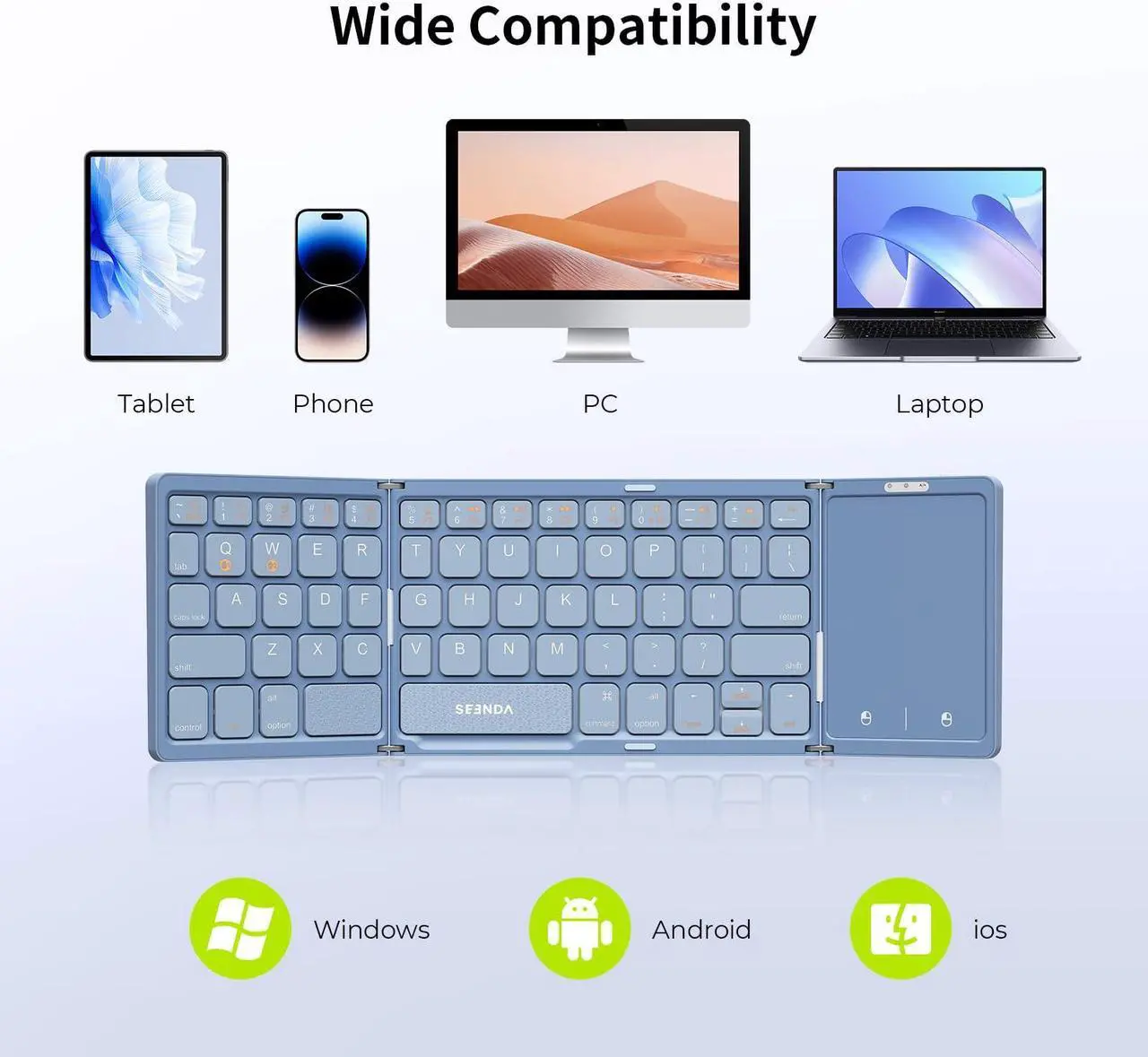 Alt view image 4 of 5 - Foldable Bluetooth Keyboard - Multi-Device Mini Wireless Keyboard with Touchpad, Pocket-Sized Travel Keyboard Compatible with iPad, iPhone, Tablet, Smartphone, iOS, Android, Windows - Blue