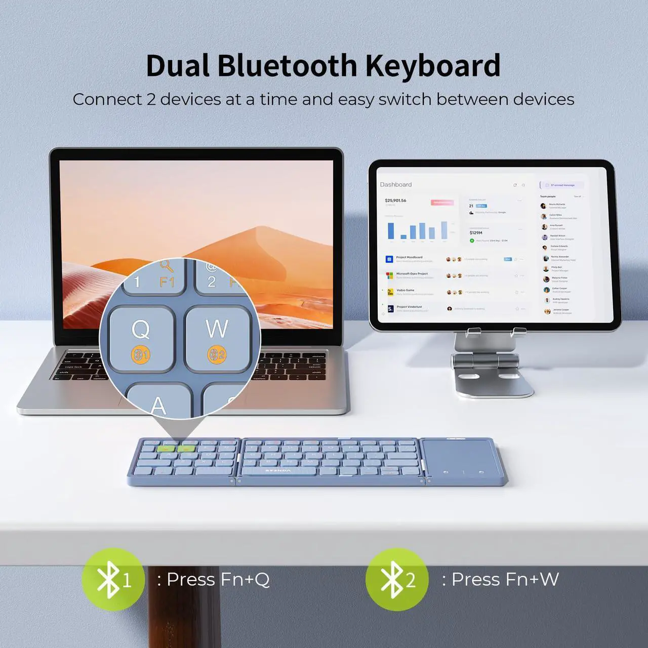 Alt view image 3 of 5 - Foldable Bluetooth Keyboard - Multi-Device Mini Wireless Keyboard with Touchpad, Pocket-Sized Travel Keyboard Compatible with iPad, iPhone, Tablet, Smartphone, iOS, Android, Windows - Blue