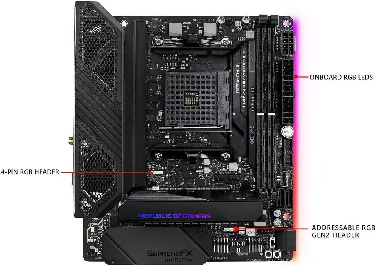 Alt view image 3 of 5 - Asus ROG (X570) Crosshair VIII Impact, AMD, AM4, Ryzen 3000, (Mini-DTX) SFF Gaming Motherboard with PCIe 4.0, On-board Wifi 6 (802.11Ax), Intel LAN, SATA 6GB/s, USB 3.2 Gen 2, SO-DIMM.2 and Aura Sync