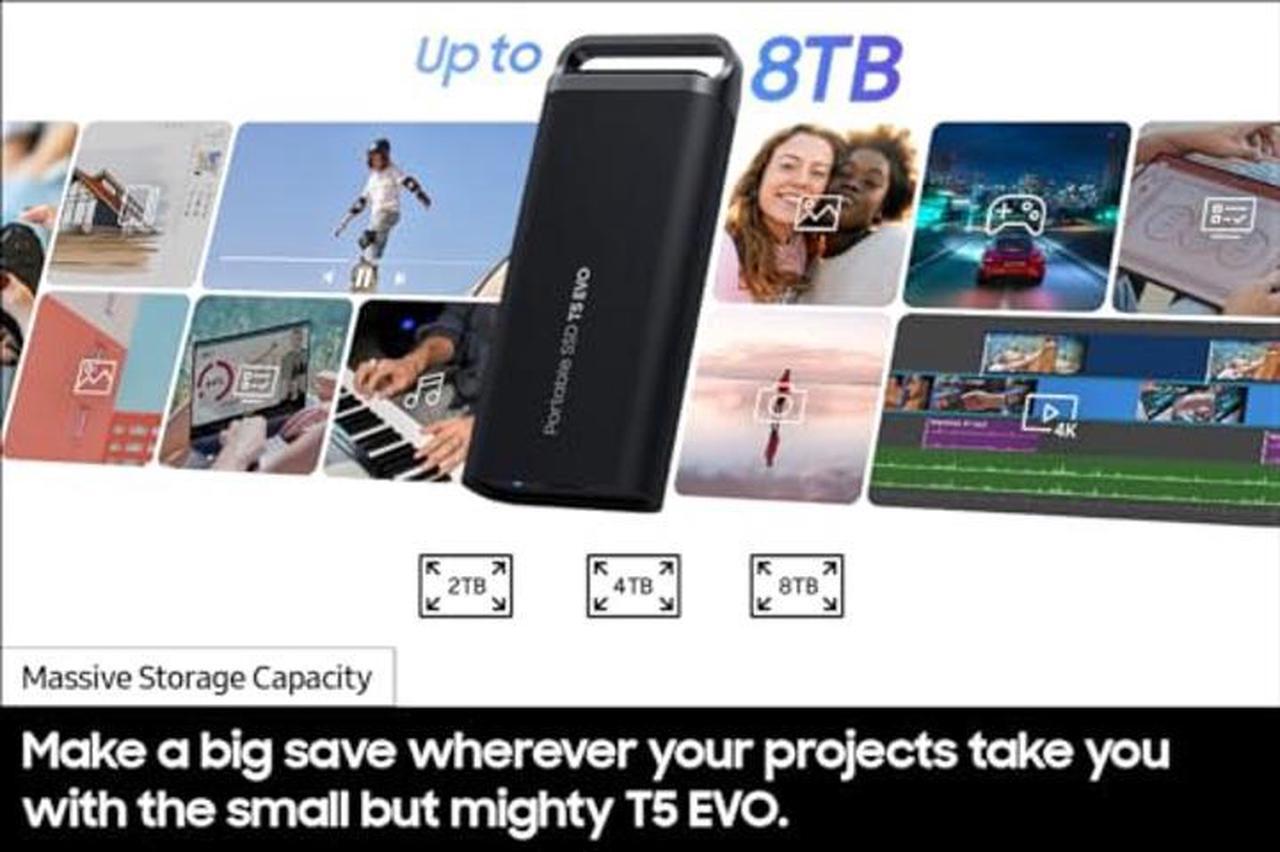 Alt view image 3 of 5 - SAMSUNG T5 EVO Portable SSD 8TB, USB 3.2 Gen 1 External Solid State Drive, Seq. Read Speeds Up to 460MB/s for Gaming and Content Creation, MU-PH8T0S/AM, Black