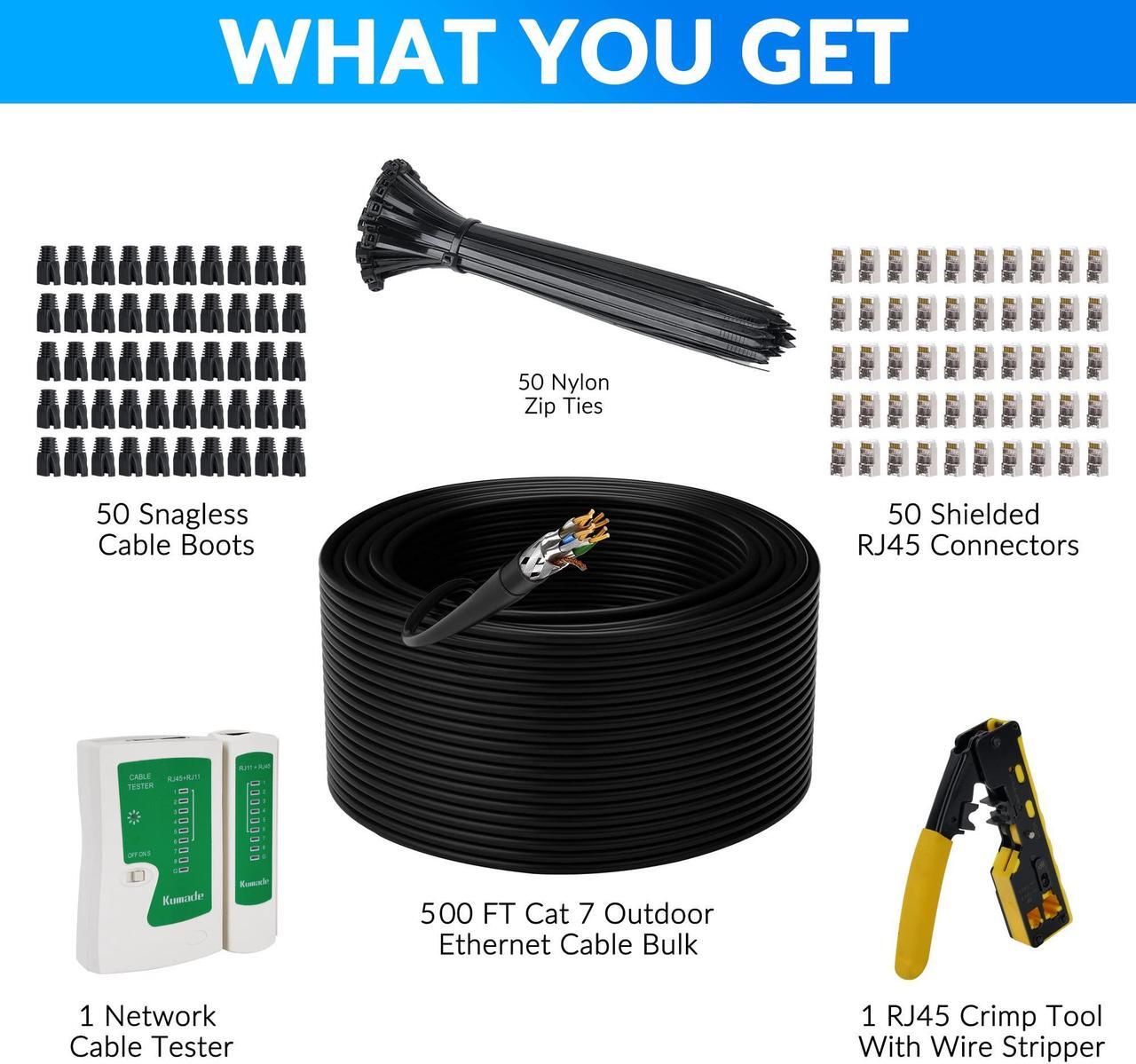 Alt view image 2 of 5 - Cat 7 Outdoor Ethernet Bulk Cable 500 FT With Tool Kits, Adoreen 10Gbps Heavy Shielded Internet Cable,24AWG Solid Copper,POE,UL CMR,S/FTP,Direct Burial&Indoor,Cat6A Cat7 Cat 6E Cat 6 Network RJ45 Cord